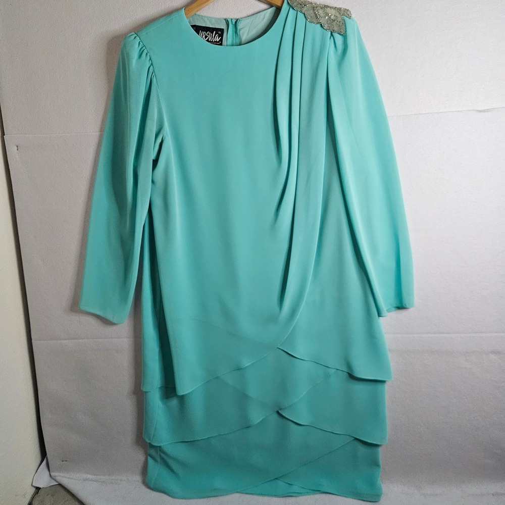Ursula of Switzerland Vintage Teal Beaded‎ Tiered Cocktail Dress 16 Long Sleeve